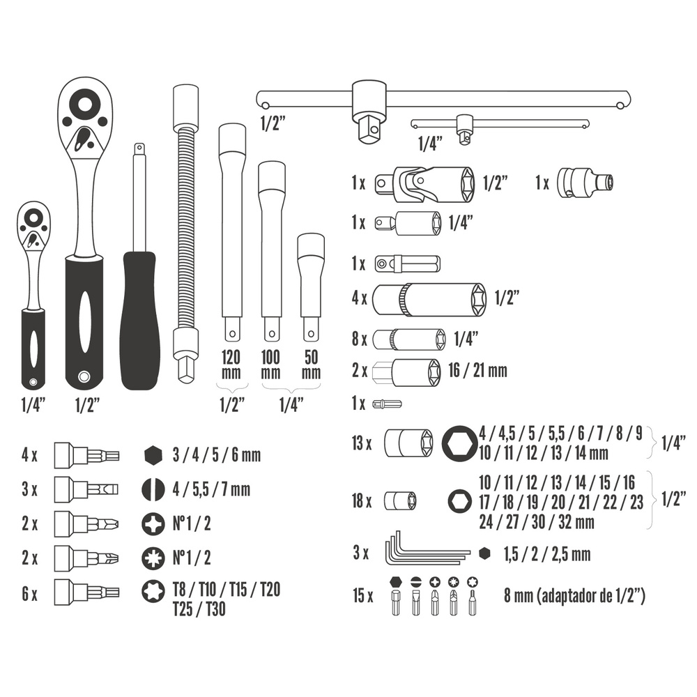 Juego Llaves Vaso y Puntas CRV 94 piezas 1/2
