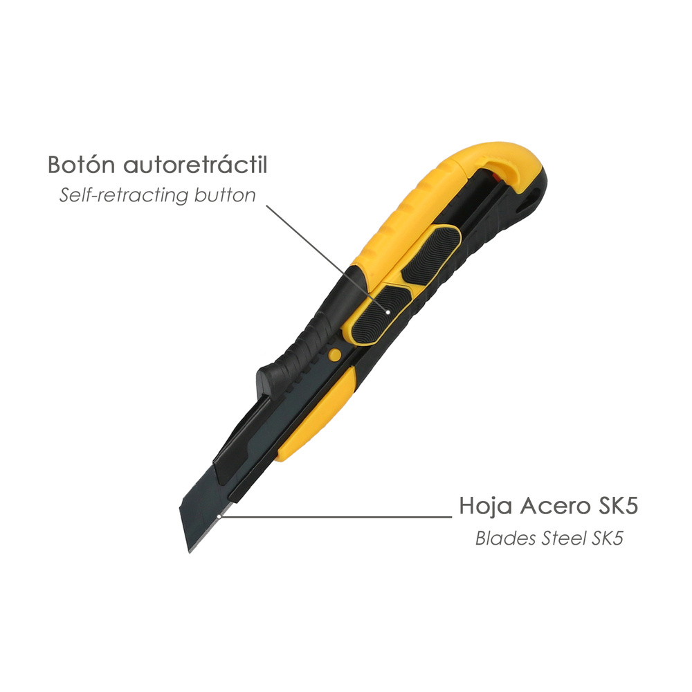 Cutter 18 Mm. Con 2 Hojas Acero Sk5 Boton Autoretractil Hoja Pavonada Negra