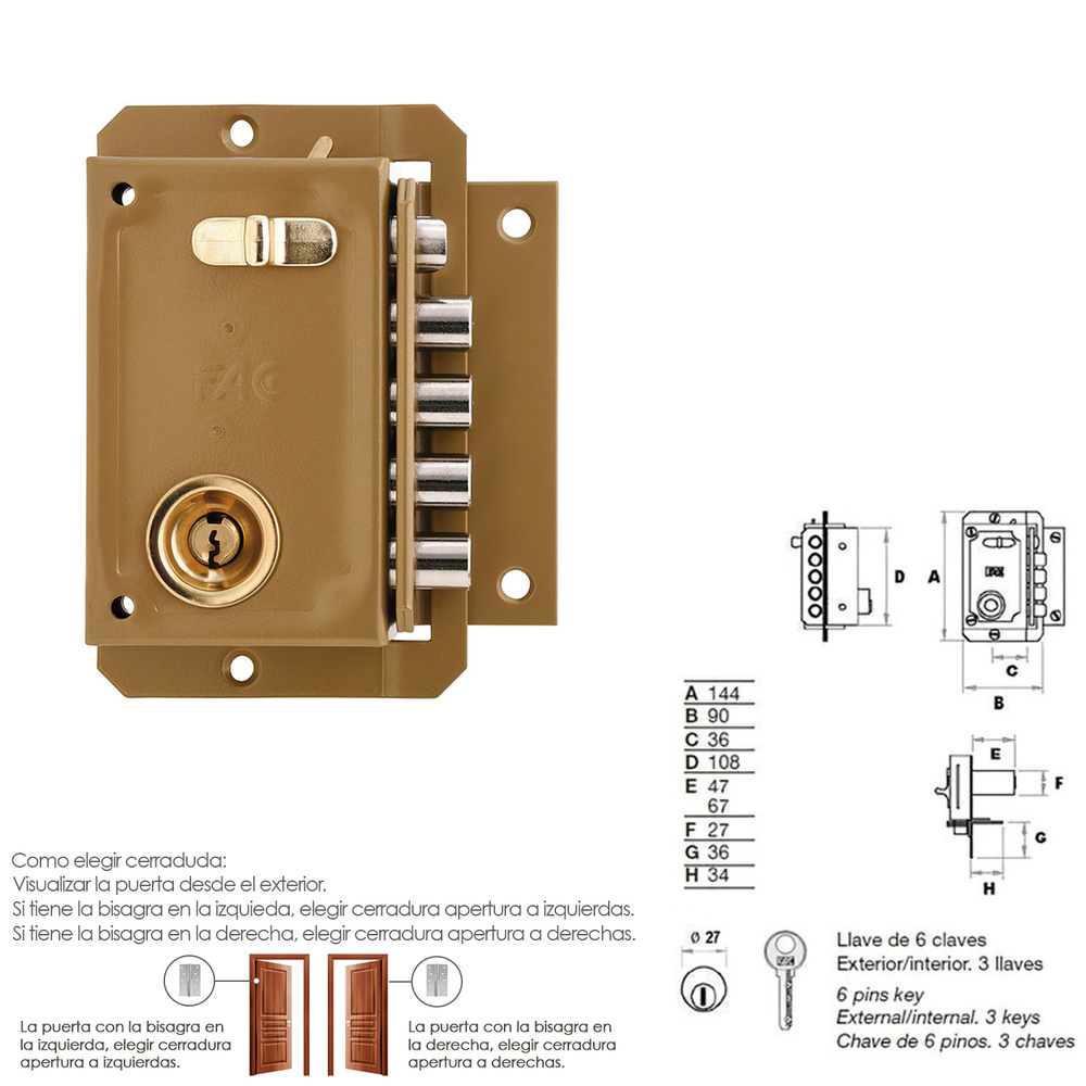 Cerradura Fac S 90 Pintada Derecha Bombin 70