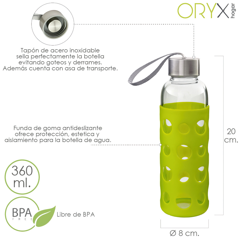 Botella Agua de Cristal Con Funda Goma y Tapon Antigotas 360 ml.