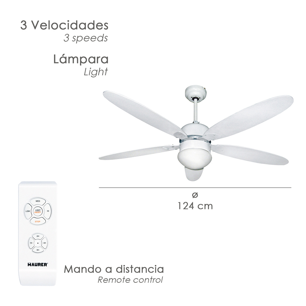 ▷🥇 distribuidor ventilador techo Ø 124 cm 70 watt 3 velocidades con luz y  mando a distancia 5 aspas con temporizador