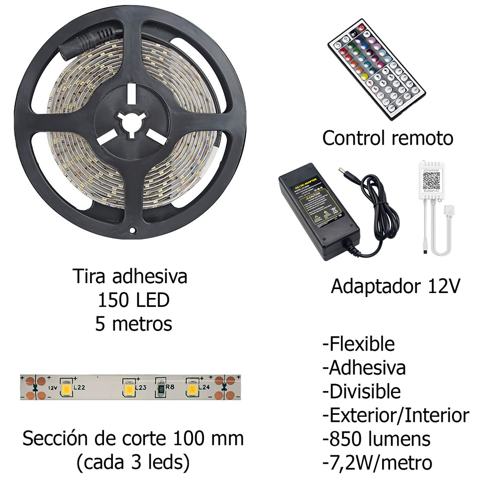 ▷🥇 distribuidor tira led adhesiva rgb con 150 leds 36 w 12 v 850 lumenes  luz multicolor ip 20 5 metros con mando