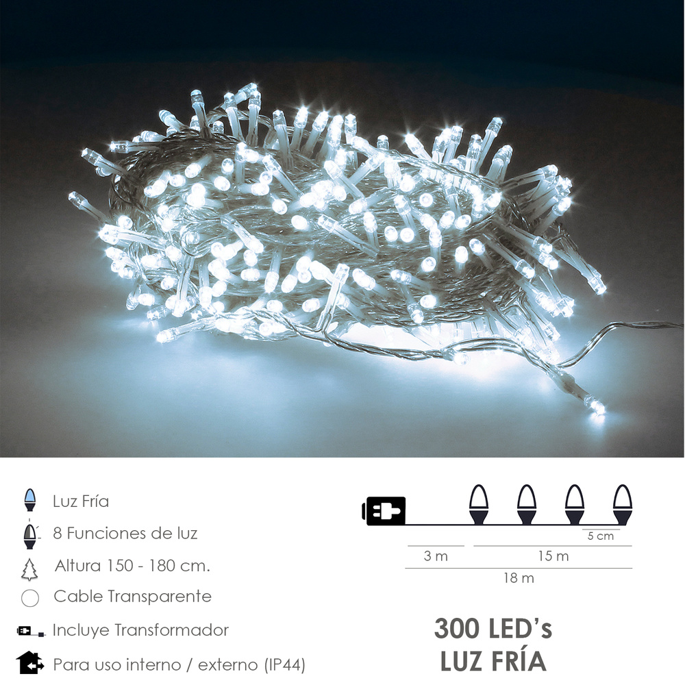 Luces Navidad 300 Leds Color Blanco Frio IP44 Cable Transparente