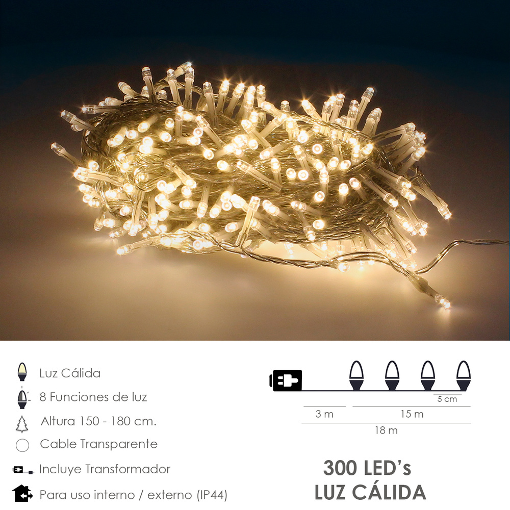 Luces Navidad 300 Leds Color Blanco Calido IP44 Cable Transparente