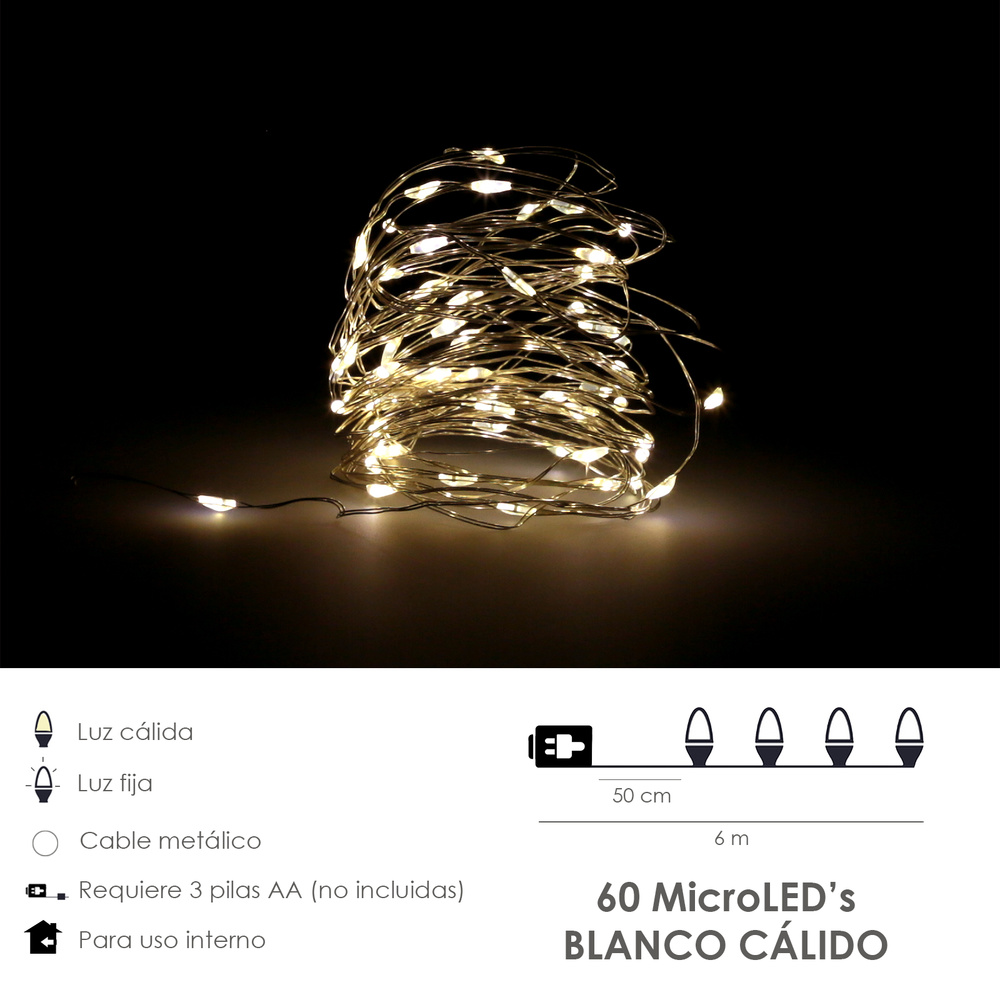 Luces Navidad Microled 60 Leds Color Blanco Calido Ip20. A Pilas (3 AA No Incluidas)