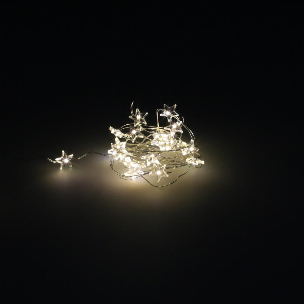 Luces Navidad Estrellas 20 Leds Color Blanco Calido IP44. A Pilas (3 AA No Incluidas)