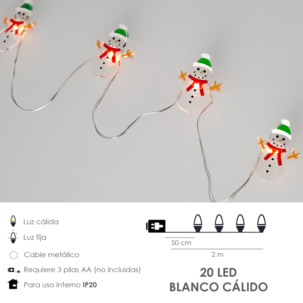 Luces Navidad A Pilas 20 Leds Muñecos de Nieve. Luz Calida Uso Interno IP20