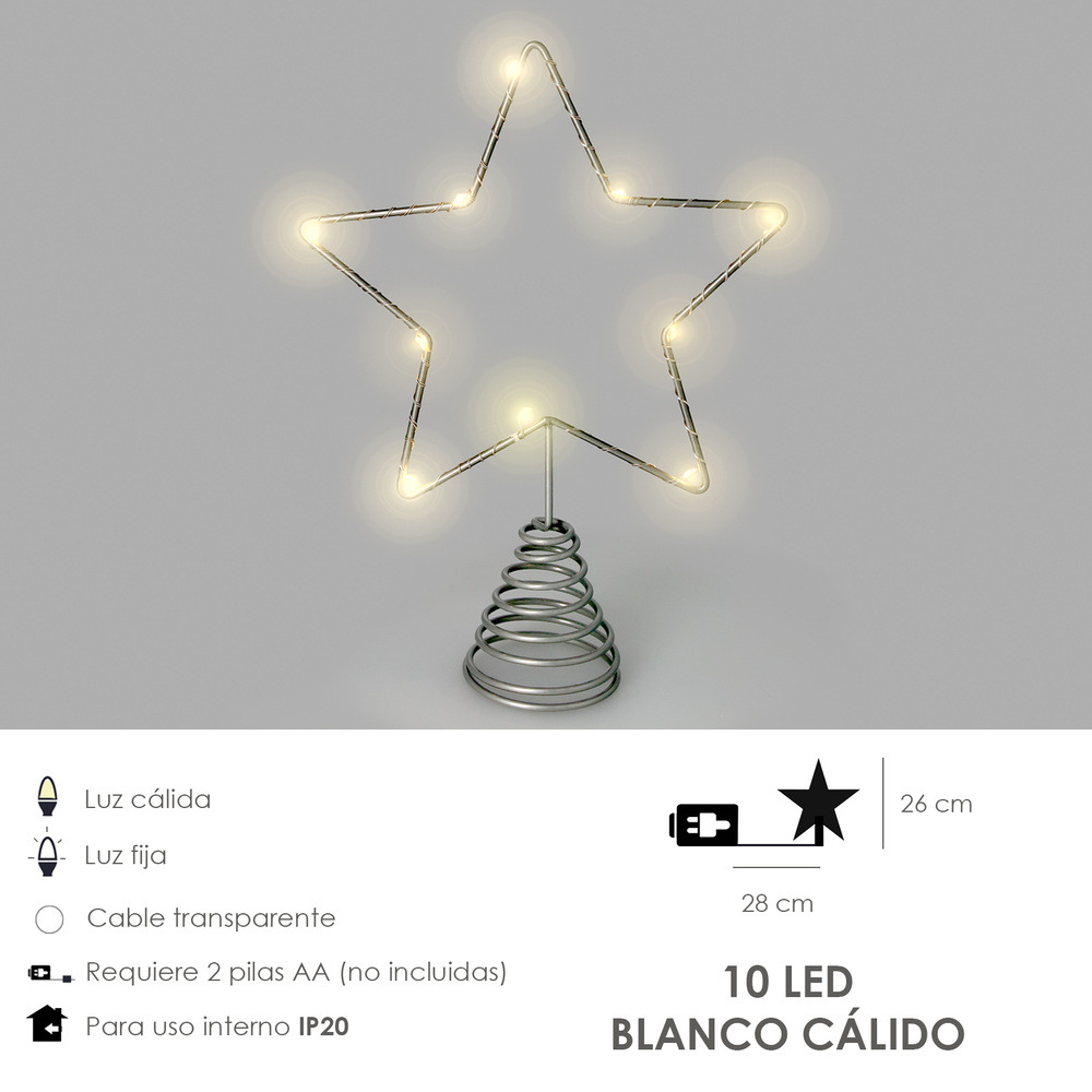 Luces Navidad Estrella Arbol Navidad Luz Blanco Calido 10 Leds. Uso Interno Protección IP20. 2 Baterias AA