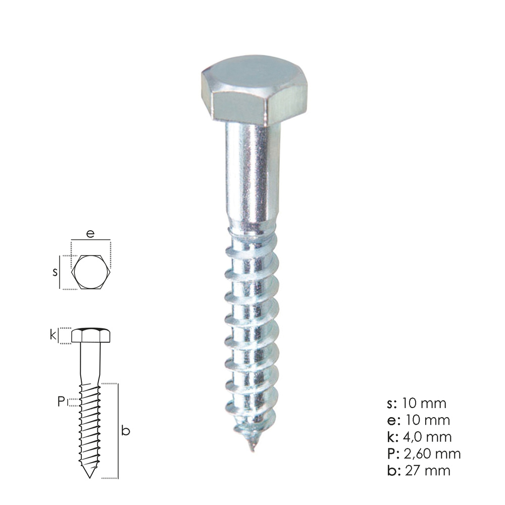 Tirafondo Barraquero Zincado Cabeza Hexagonal 6 x 45 mm. DIN571 Calidad 4.8