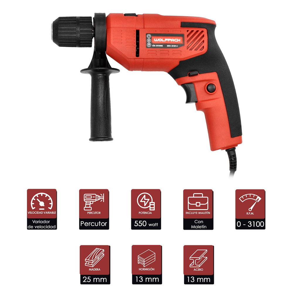 Taladro Percutor 710 Watt 13 mm. Con Variador de Velocidad. Incluye Empuñadura y Guia Metalica. Taladro Percutor 710 Watt 13 mm. Con Variador de Velocidad. Incluye Empuñadura y Guia Metalica.
