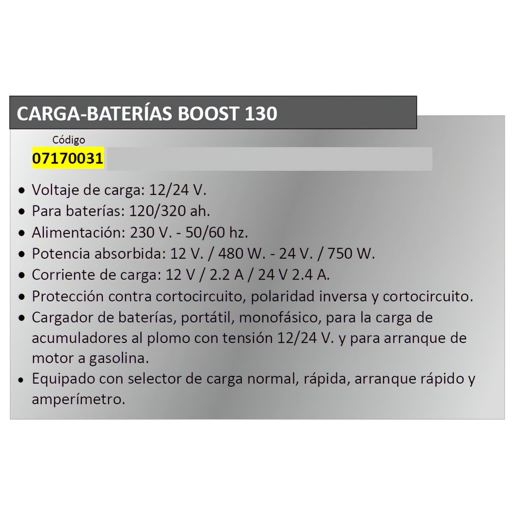 Cargabaterias Boost-130  Con Arrancador 12/24 V. 120-320 Amperios
