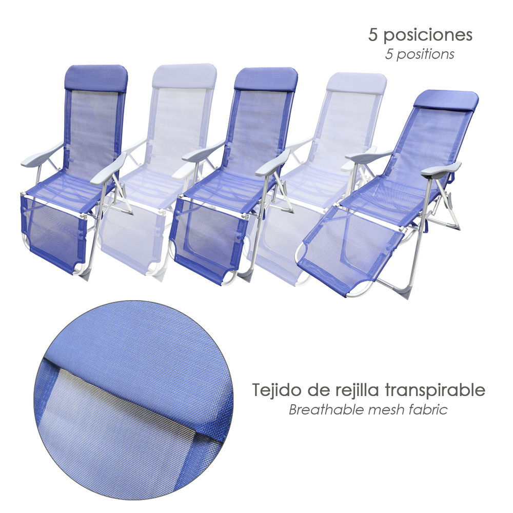 ▷🥇 distribuidor silla playa aluminio 5 posiciones azul con reposapies