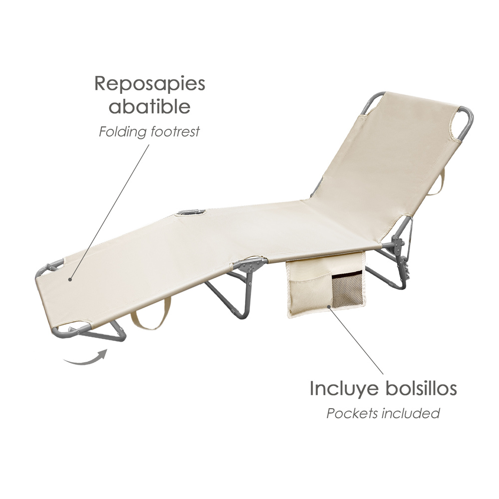 ▷🥇 distribuidor tumbona playa cama acero con bolsillo beige reclinable 3  posiciones