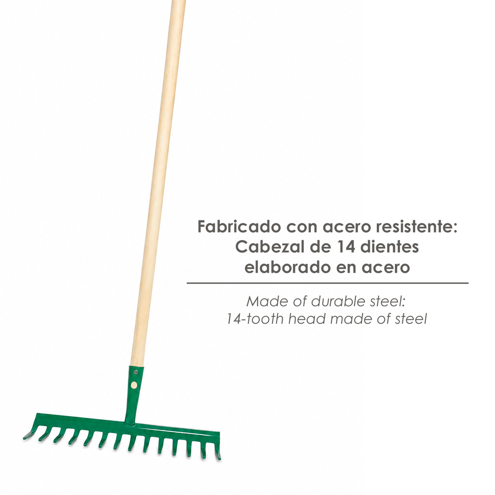 Rastrillo Jardin 14 Dientes Mango De Madera 130 Cm.