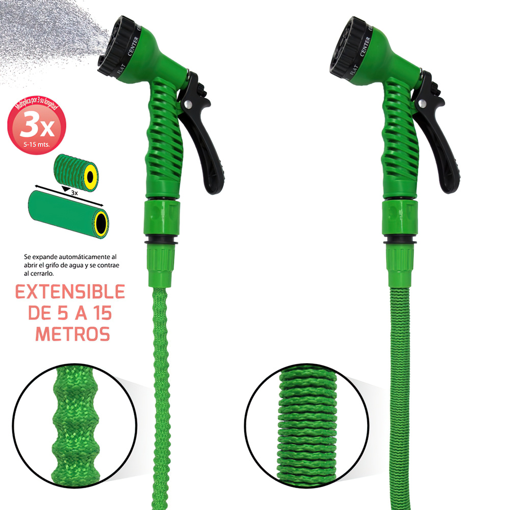 Manguera Extensible Riego  5 a 15 Metros Con  Pistola De 7 Posiciones