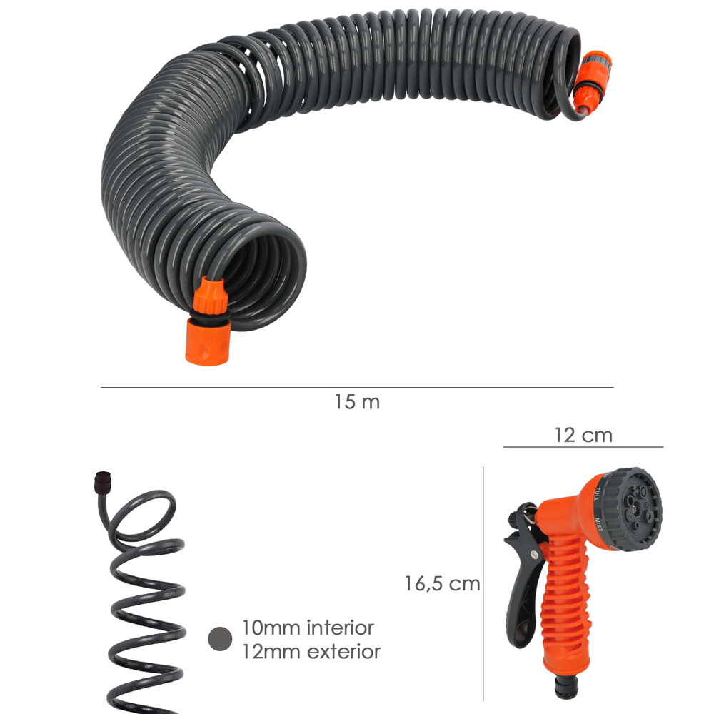 Manguera  Extensible Autoenroscable Espiral 15 Metros Con Pistola y Conectores