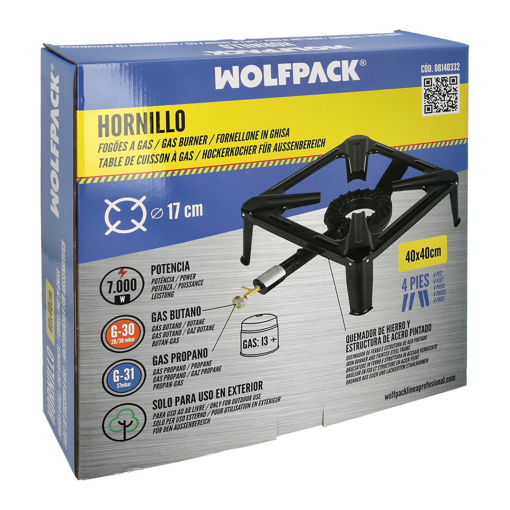 Hornillo Gas 4 Pies 40x40 cm. Potencia 7.000 Watts.