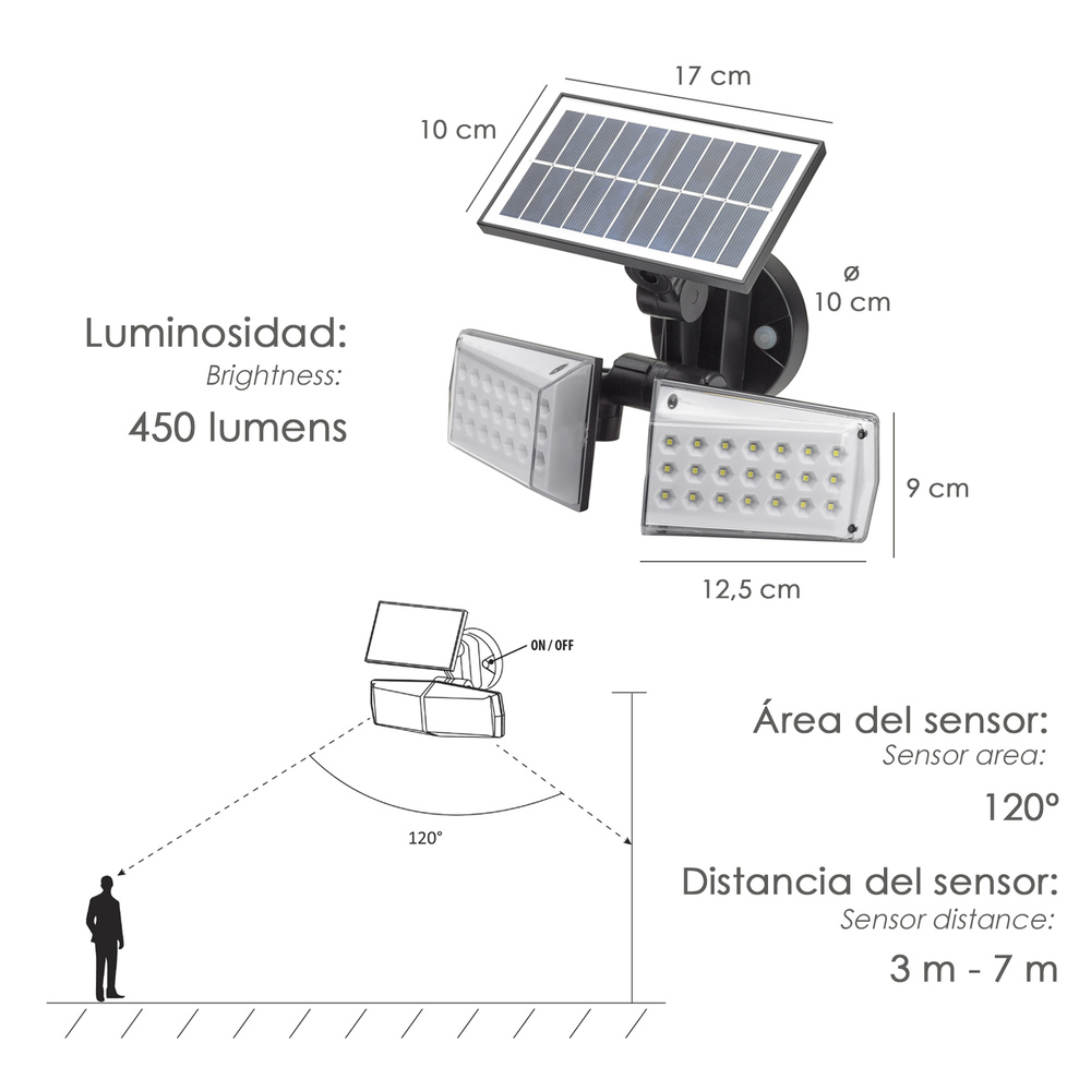 Aplique Solar Led Doble Con Sensor de Movimiento y Crepuscular 450 Lumenes. Protección IP65
