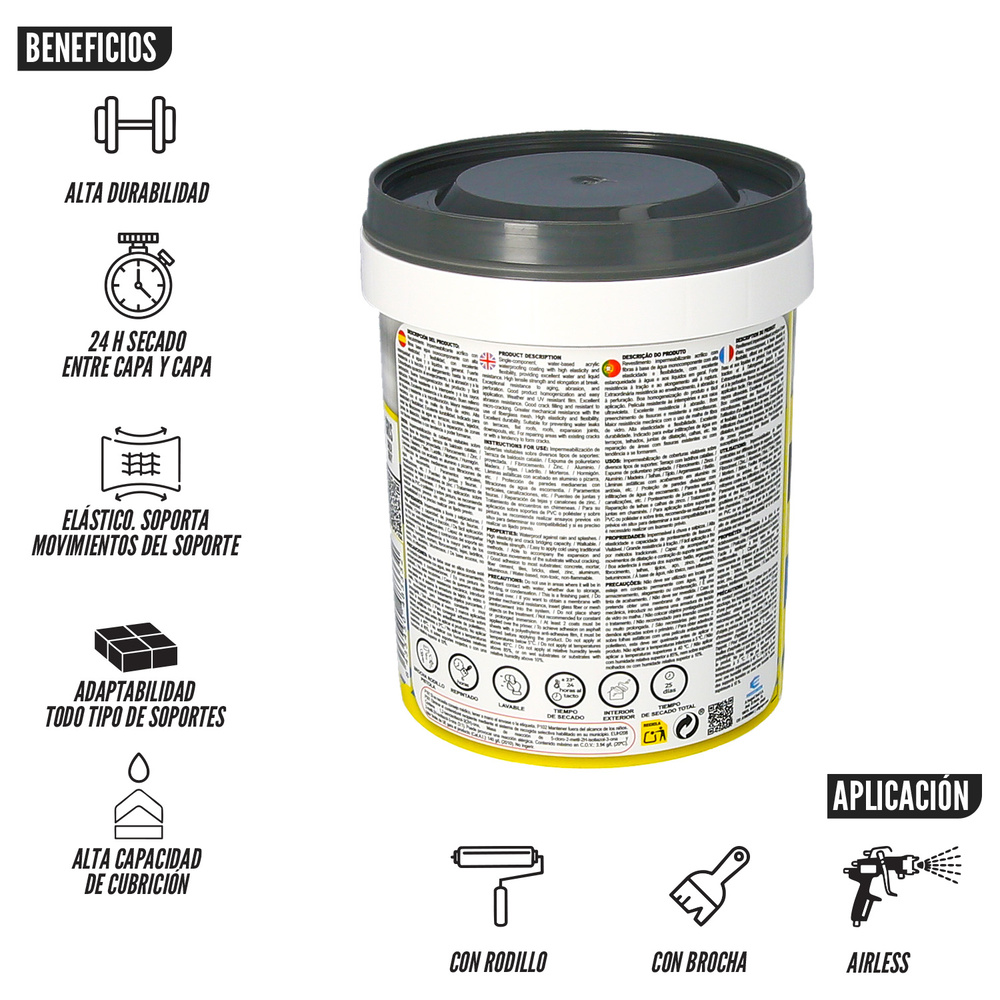 Pintura Impermeabilizante Con Fibras Para Exteriores / Interiores 750 ml. Color Gris