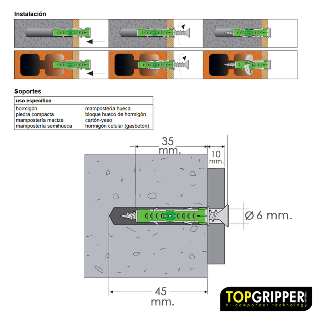 Taco Topgripper Bimaterial Ø  6 mm. (Caja 150 unidades) Uso Universal