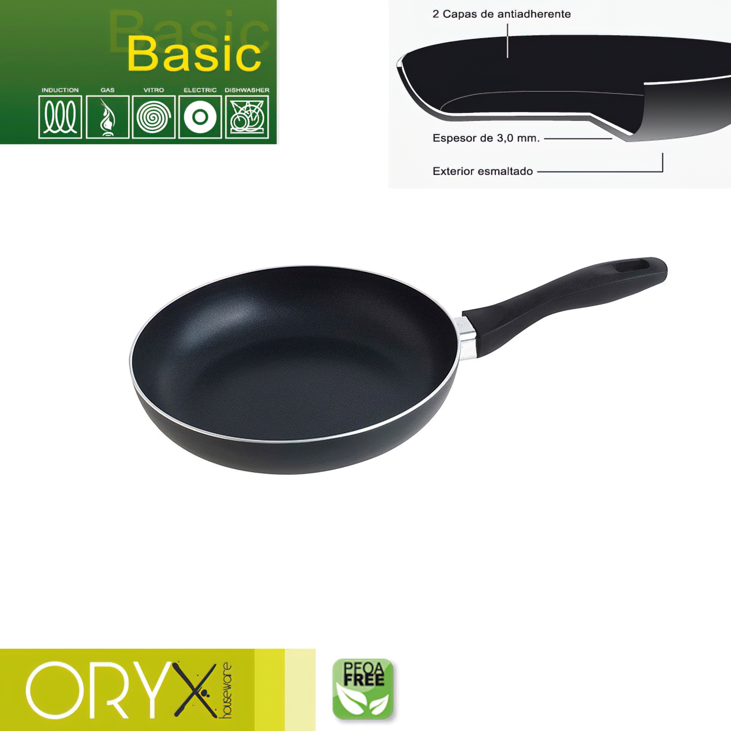 Oryx Sartén Aluminio Antiadherente Basic, Alta Resistencia, Apta Inducción, Libre PFOA, Diámetro 22 