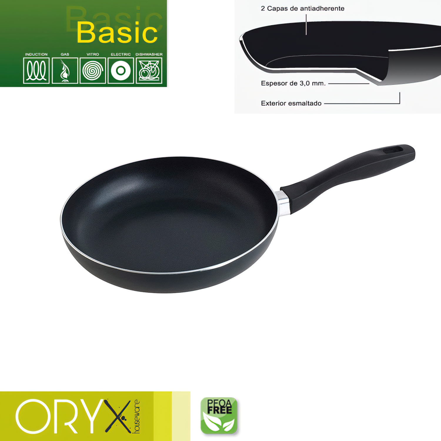 Oryx Sartén Aluminio Antiadherente Basic, Alta Resistencia, Apta Inducción, Libre PFOA, Diámetro 24 