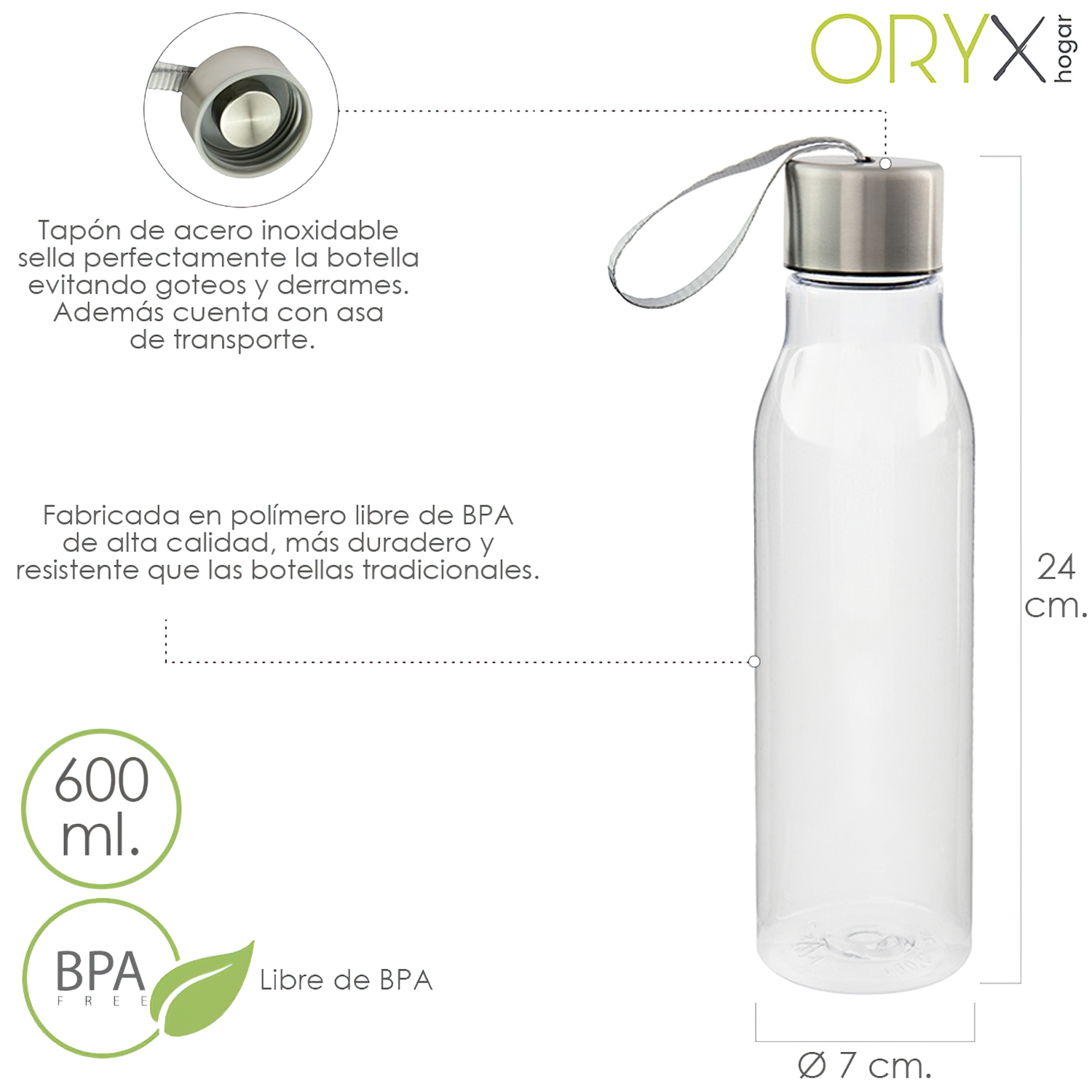 Botella Agua Cristal 550 ml. Funda Neopreno con Asa. Sin BPA