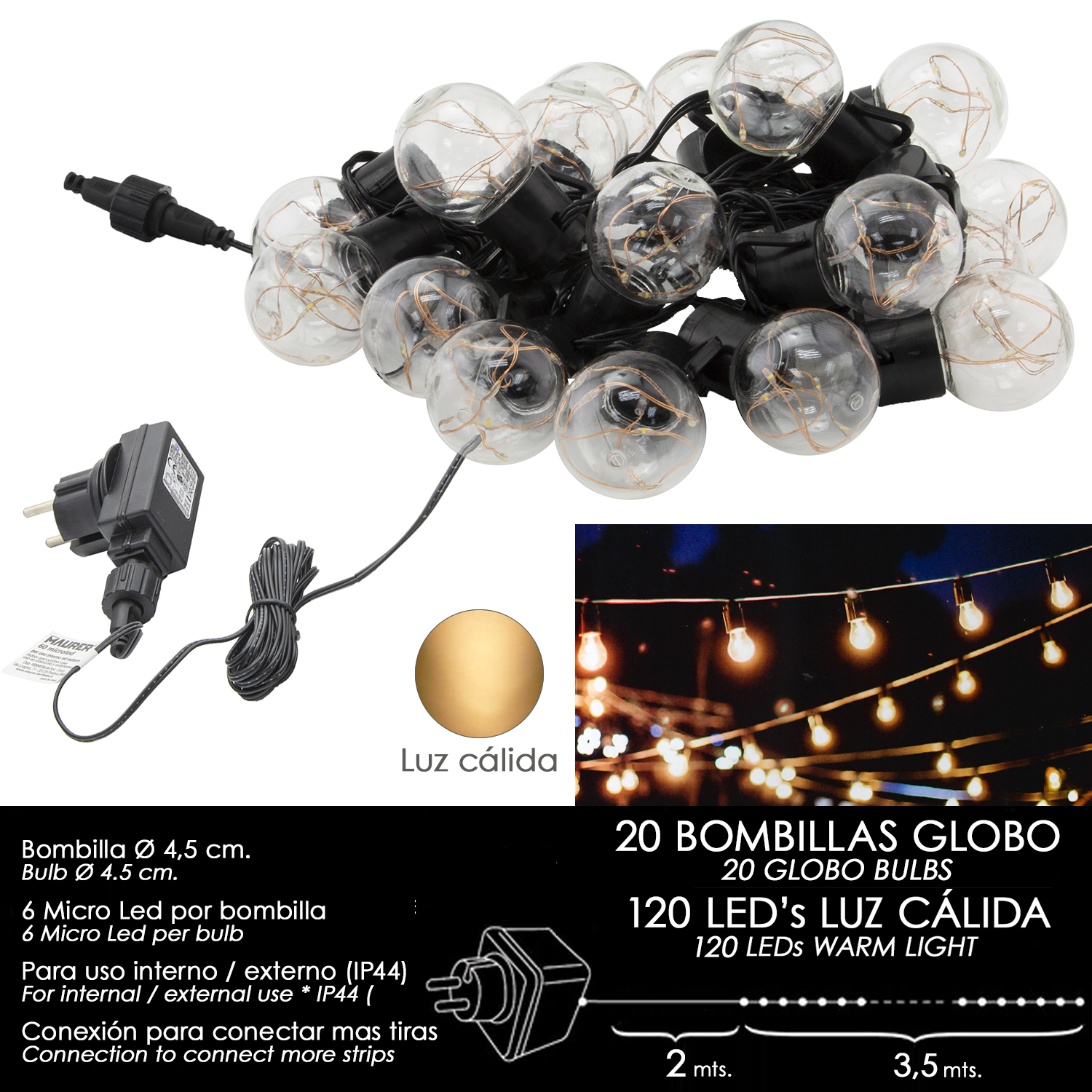 Luces Navidad Jardin Decorativas 20 Bombillas Globo (IP44)