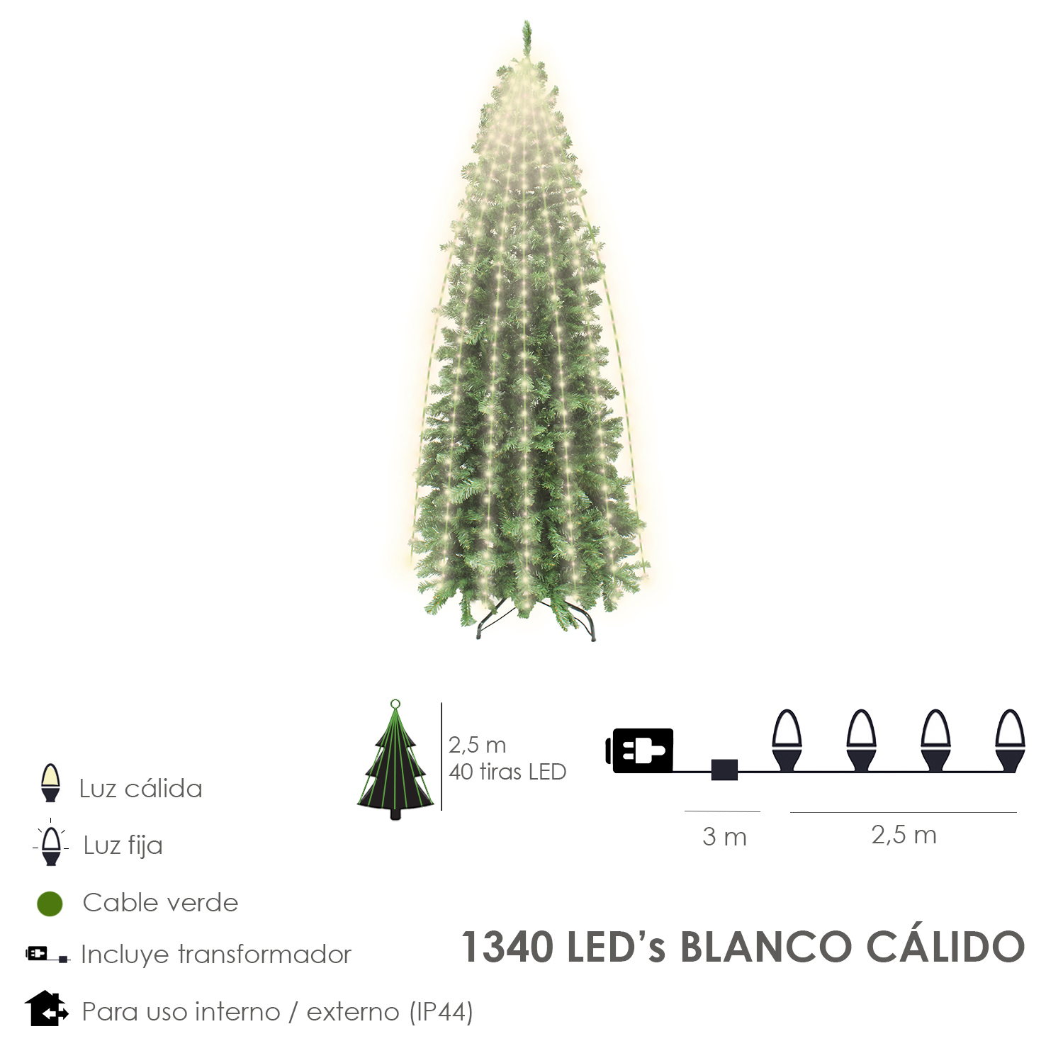 Guinalda Luces Navidad 1340 Leds Cascada Cubrearbol Blanco Calido. Ip44. Luz Navidad Interiores y Ex