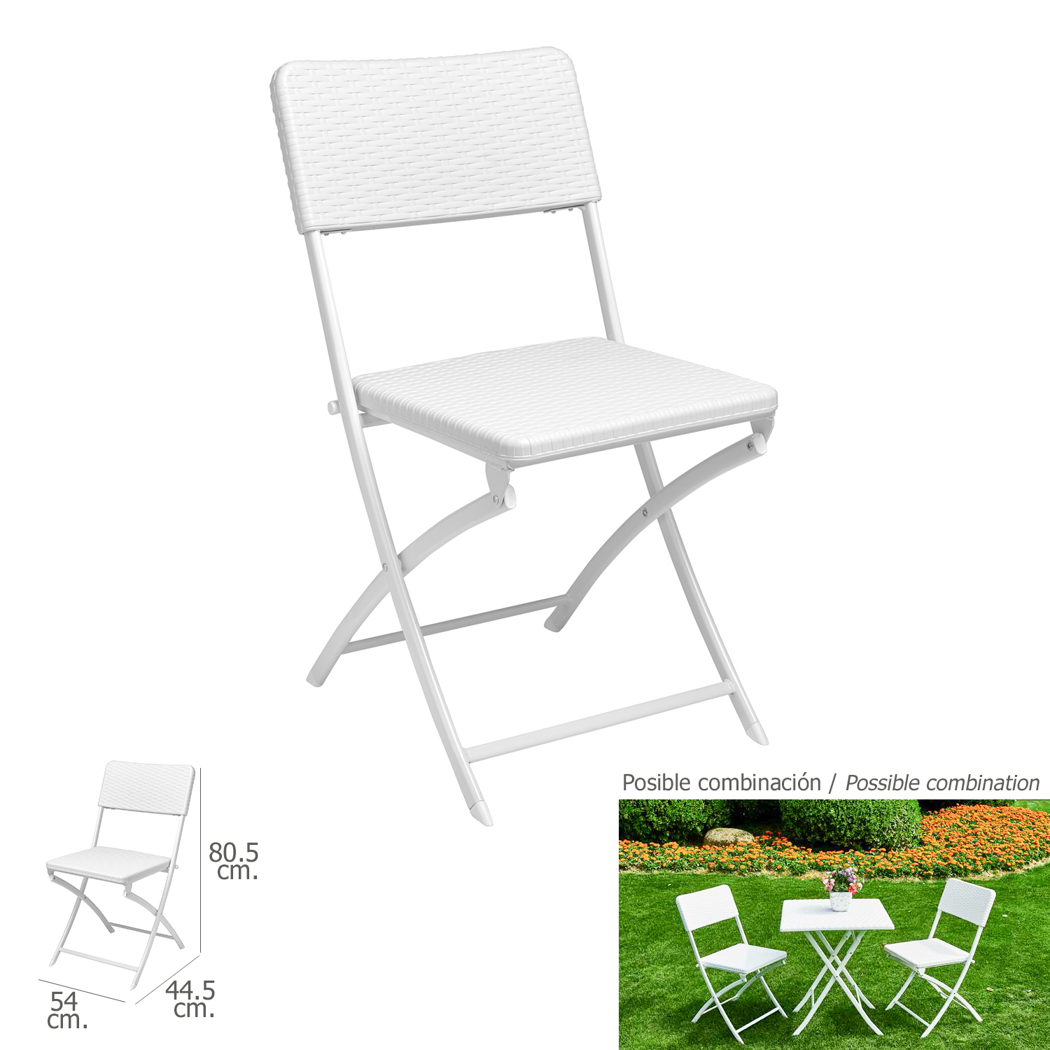 Silla Plegable Cuadrada Efecto Rattan Color Blanca 54 x 44.5 x 80.5 (Alt.) cm.