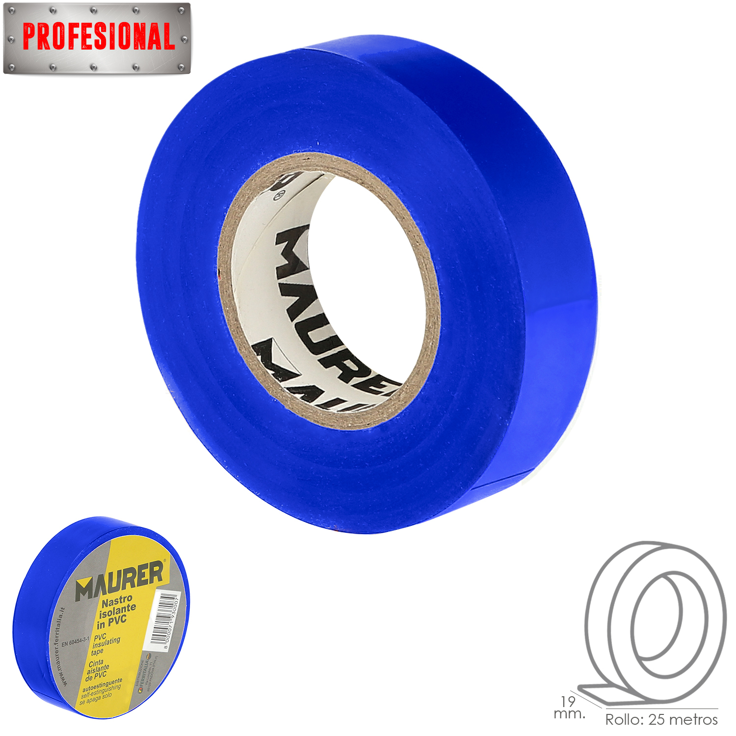 Cinta Aislante, PVC, Profesional, 25 metros x 19 mm. x 0,13 mm espesor. Color Azul