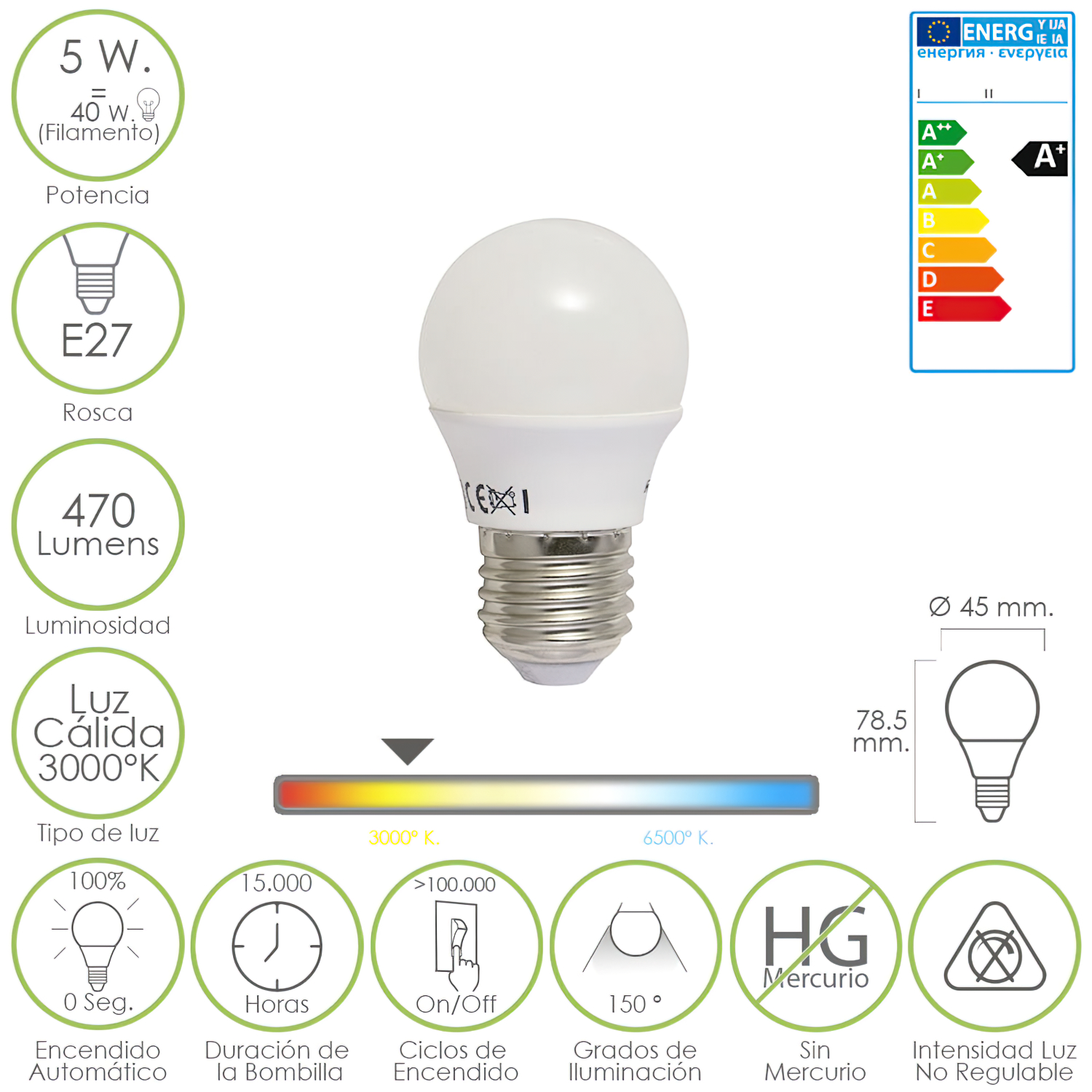 Bombilla Led Esferica E27 5 W. - 40 W. 470 lúmenes. Luz cálida (3.000 °K).