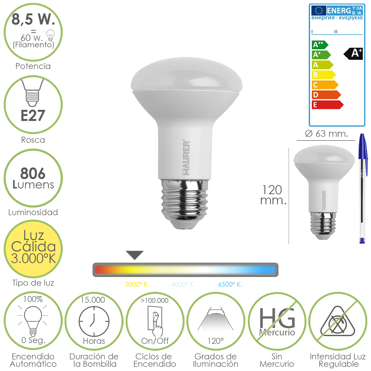 Bombilla Led Standar Rosca E27 (Gorda) 8,5 Watt. Equivale a 60 Watt. 806 Lumenes. Luz cálida (3.000º