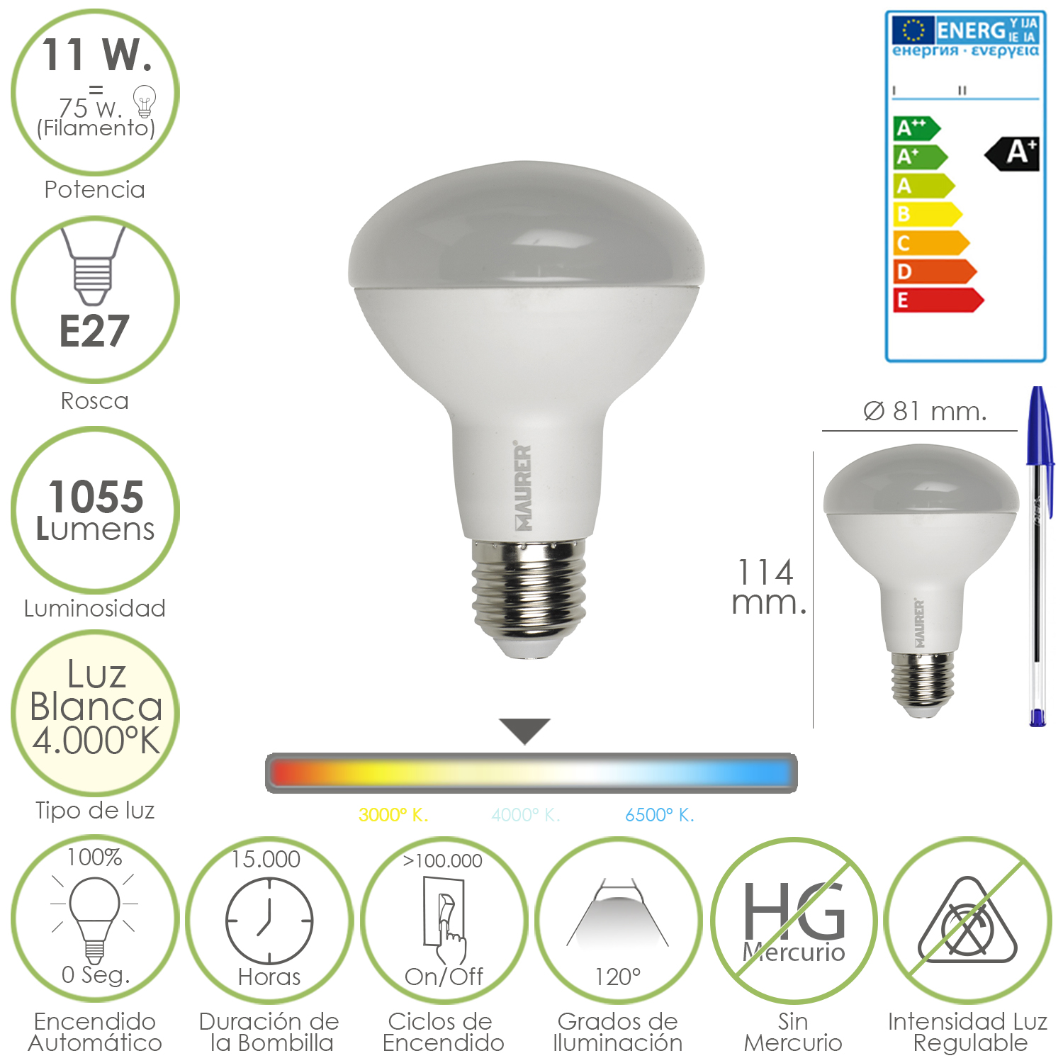 Bombilla Led Standar Rosca E27 (Gorda) 11 Watt. Equivale a 75 Watt. 1055 Lumenes. Luz Blanca (4.000º