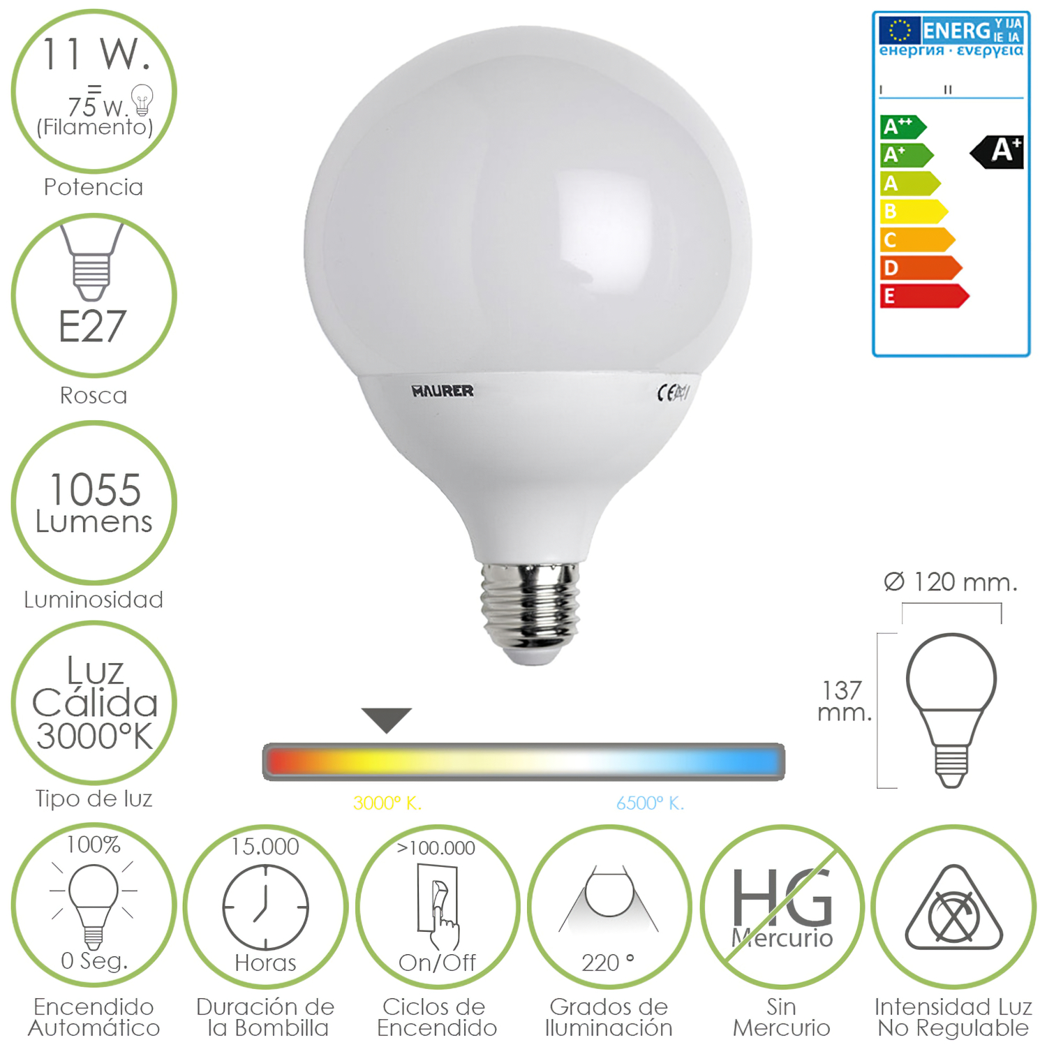 Bombilla Led Globo E27.  11 W.  75 w. 1055 lúmenes. Luz Calida (3000ºK)