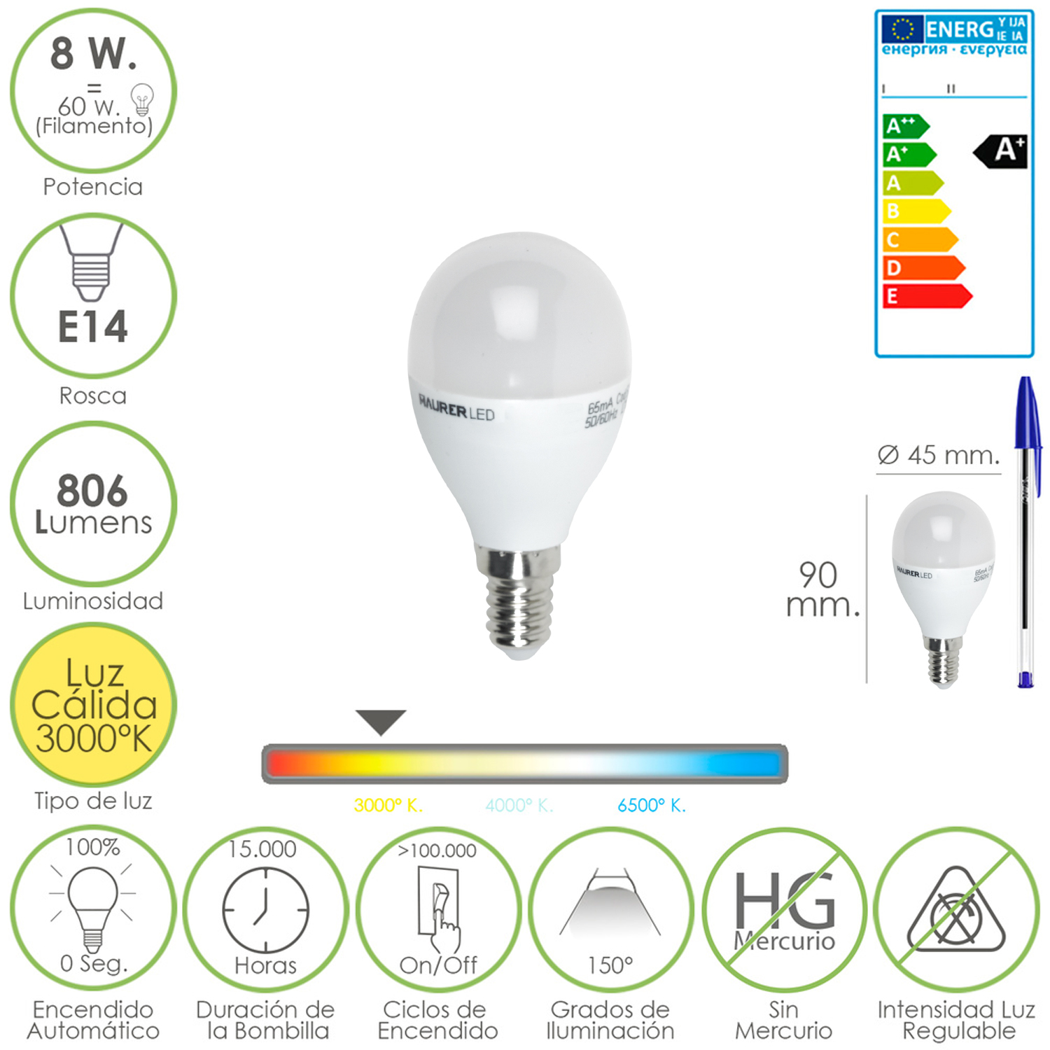 Bombilla Led Globo Mini Rosca E14 (Fina). 8 Watt. Equivale A 60 Watt. 806 Lumenes. Luz Cálida (3000º