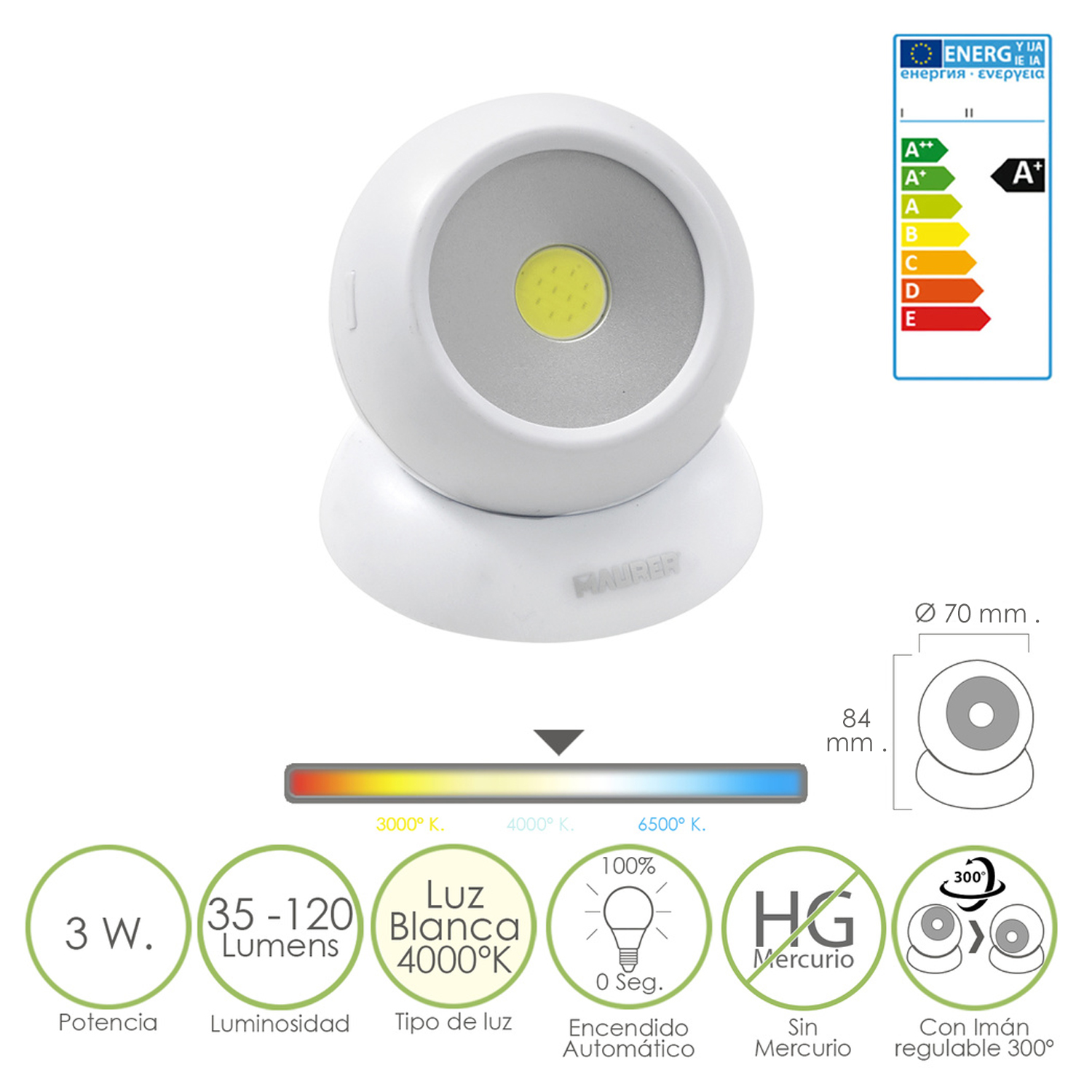 Linterna Led Magnetica Esfera 35-120 Lumenes A Pilas 3aaa (No Incluidas)