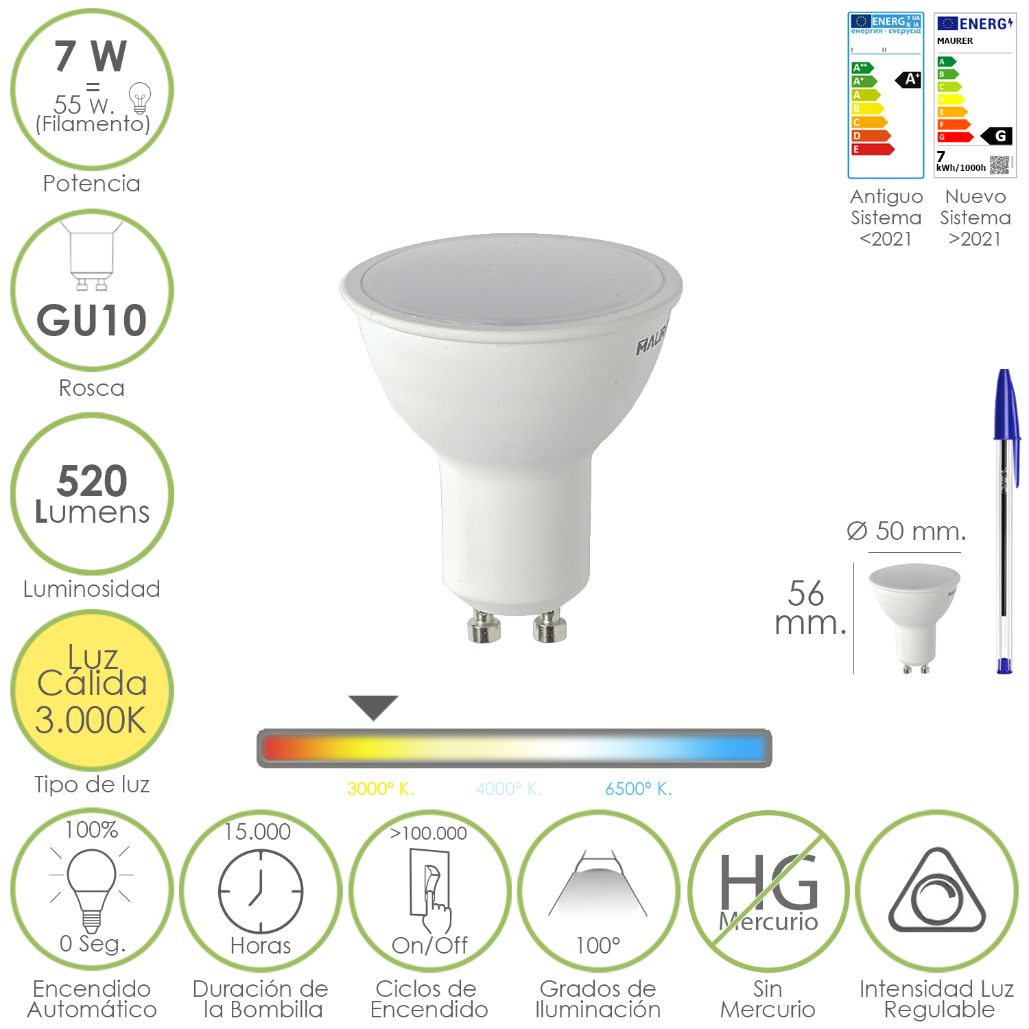 Bombilla Led Dicroica Rosca GU10.  7 Watt. Equivale A 55 Watt. 520 Lumenes. Regulable Luz Cálida (30