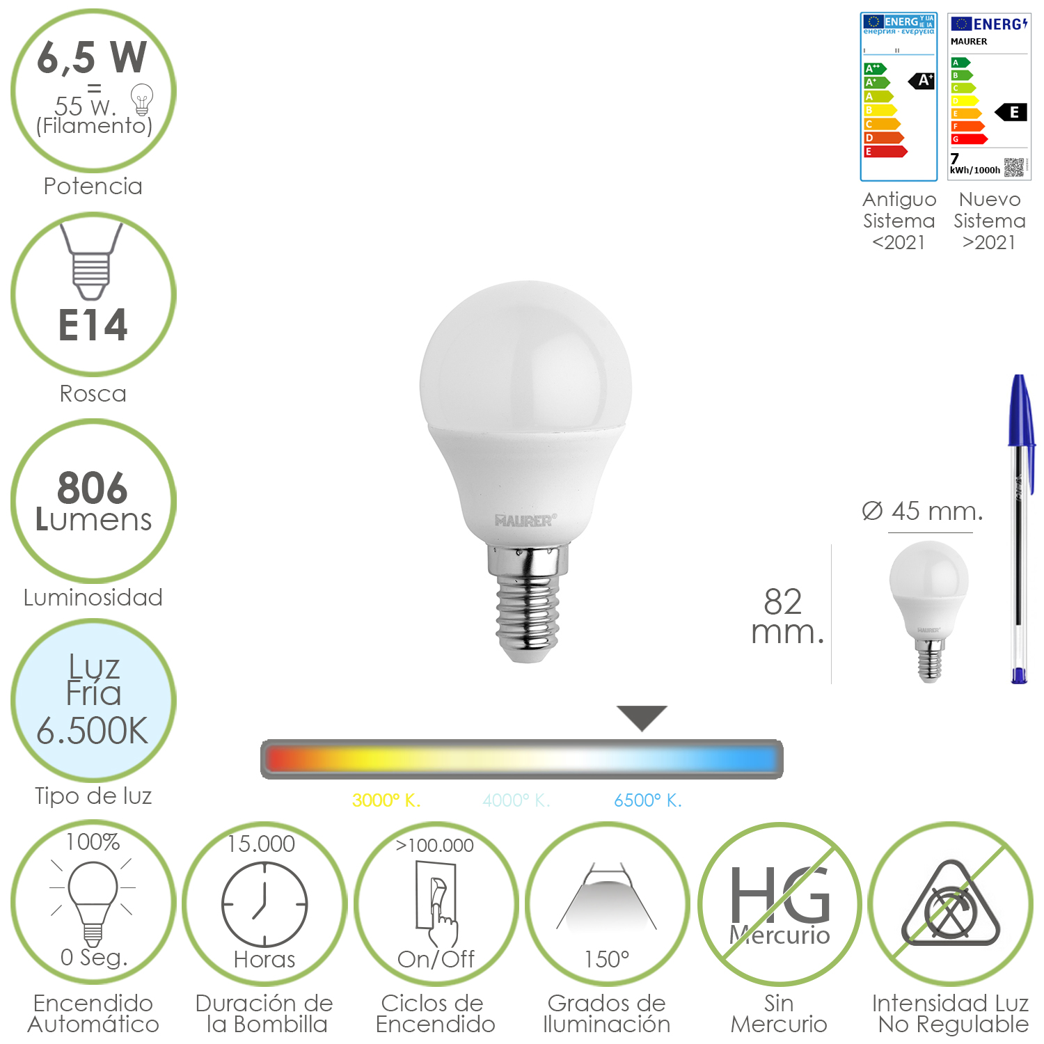 Bombilla Led Esfera Rosca E14. 6.5 Watt. Equivale A 55 Watt. 806 Lumenes. Luz Fría 6500º K.