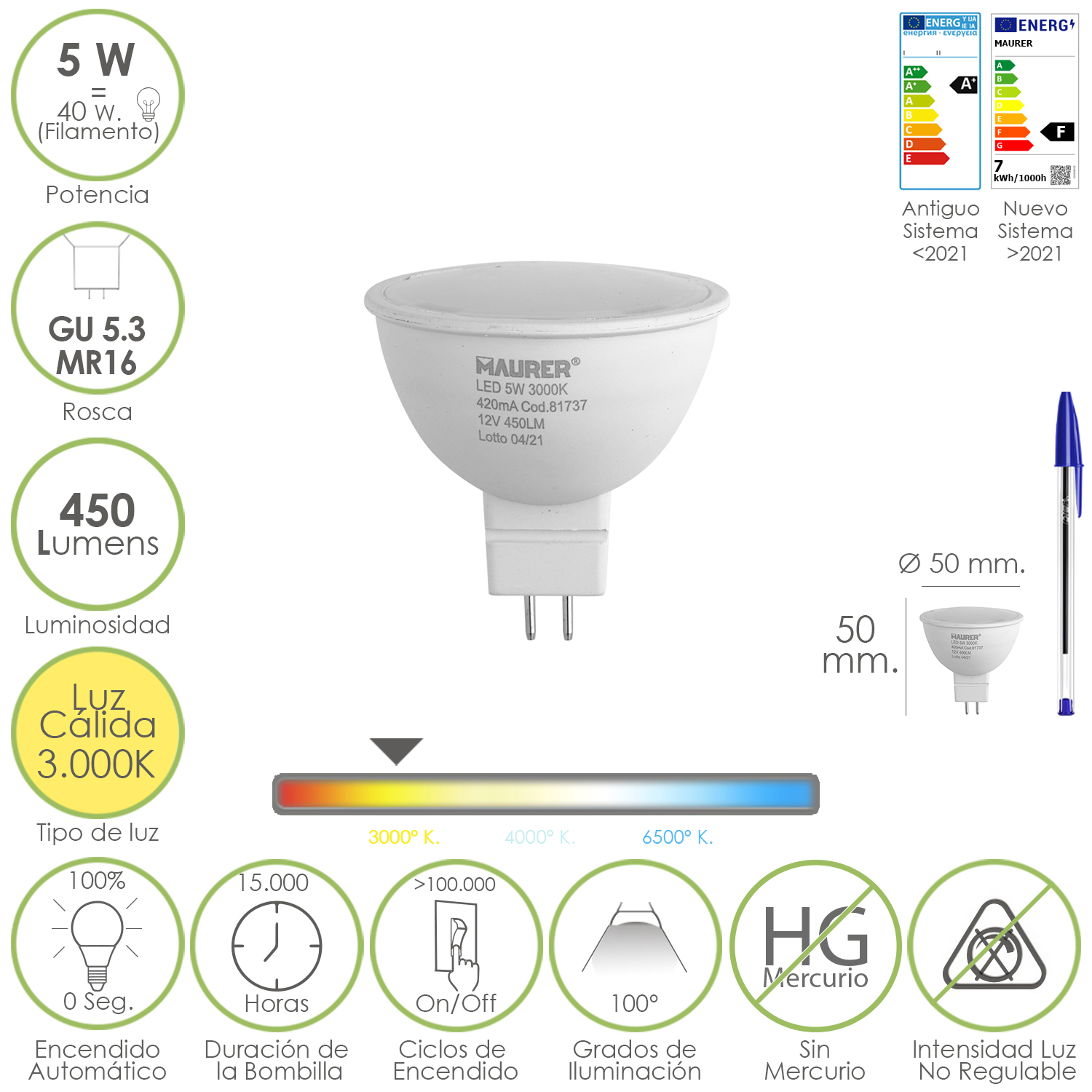 Bombilla Led Dicroica Rosca GU 5.3 / MR16. 5 Watt. Equivale A 40 Watt. 405 Lumenes. Luz Cálida (3000