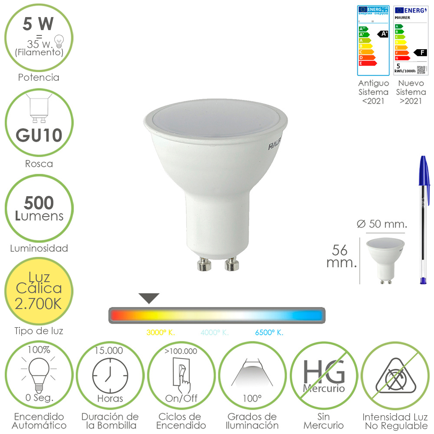 Bombilla Led Dicroica Rosca GU10. 5 Watt. Equivale A 50 Watt. 500 Lumenes. Luz Cálida (2700º K)