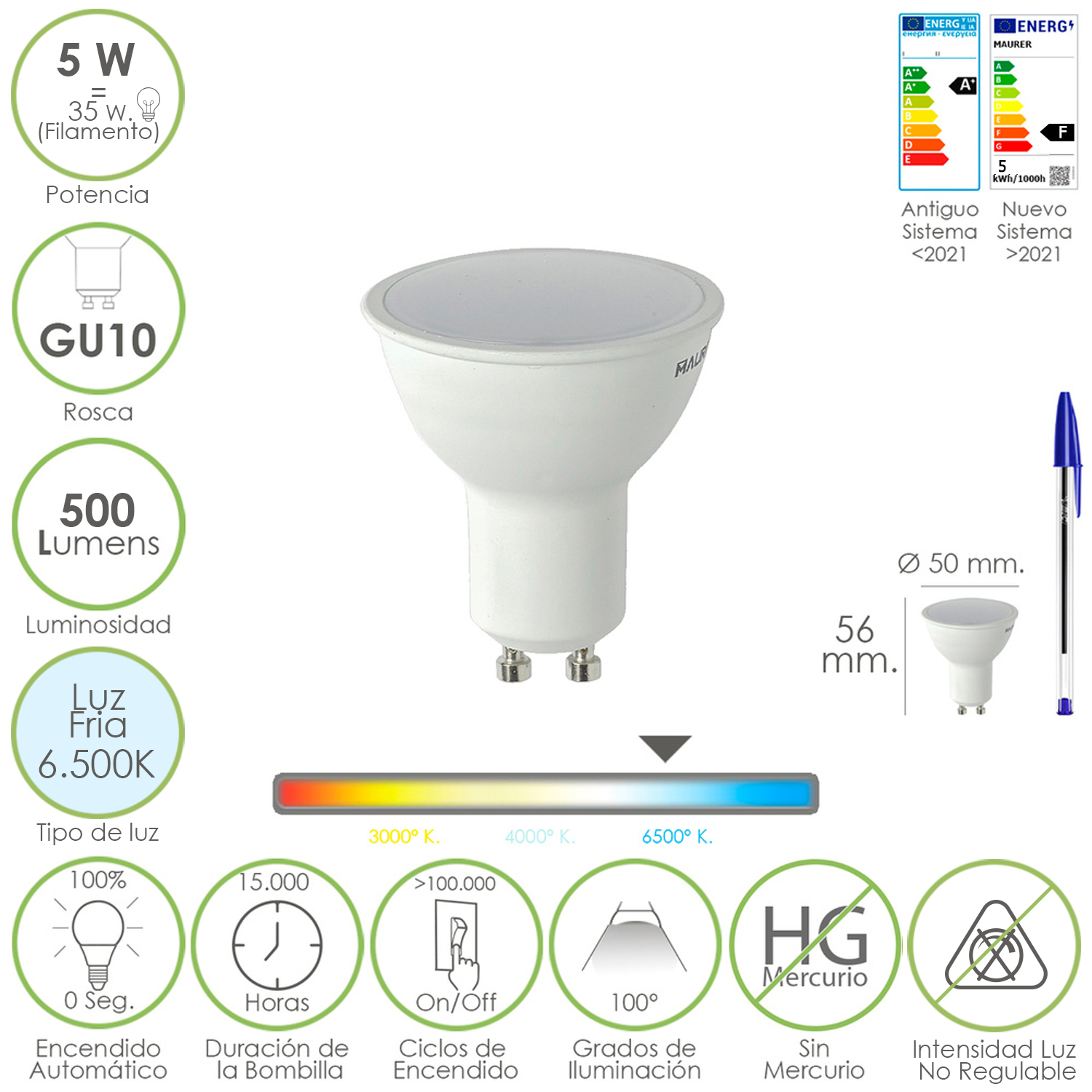 Bombilla Led Dicroica Rosca GU10. 5 Watt. Equivale A 50 Watt. 500 Lumenes. Luz Fria (6500º K.)