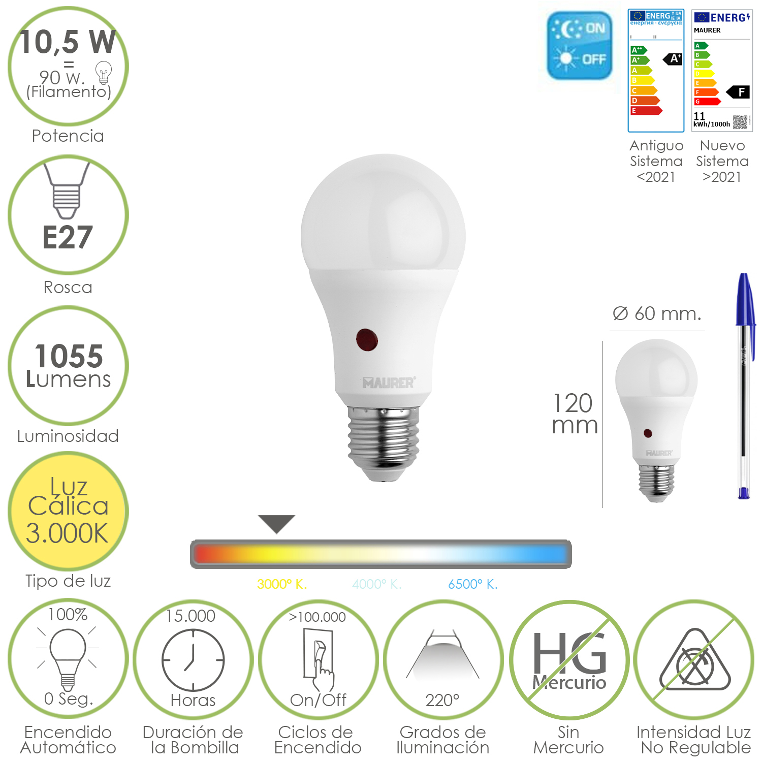 Bombilla Led Esfera Con Sensor Crepuscular. Rosca E27. 10.5 Watt. Equivale A 90 Watt. 1055 Lumenes. 