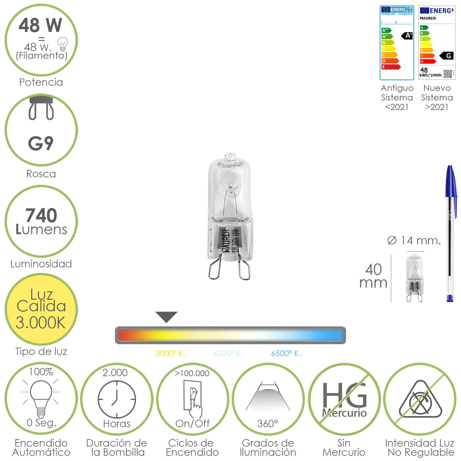 Bombilla Halogena G-9. 48 W. 740 lumenes. Luz cálida (3.000º K.)