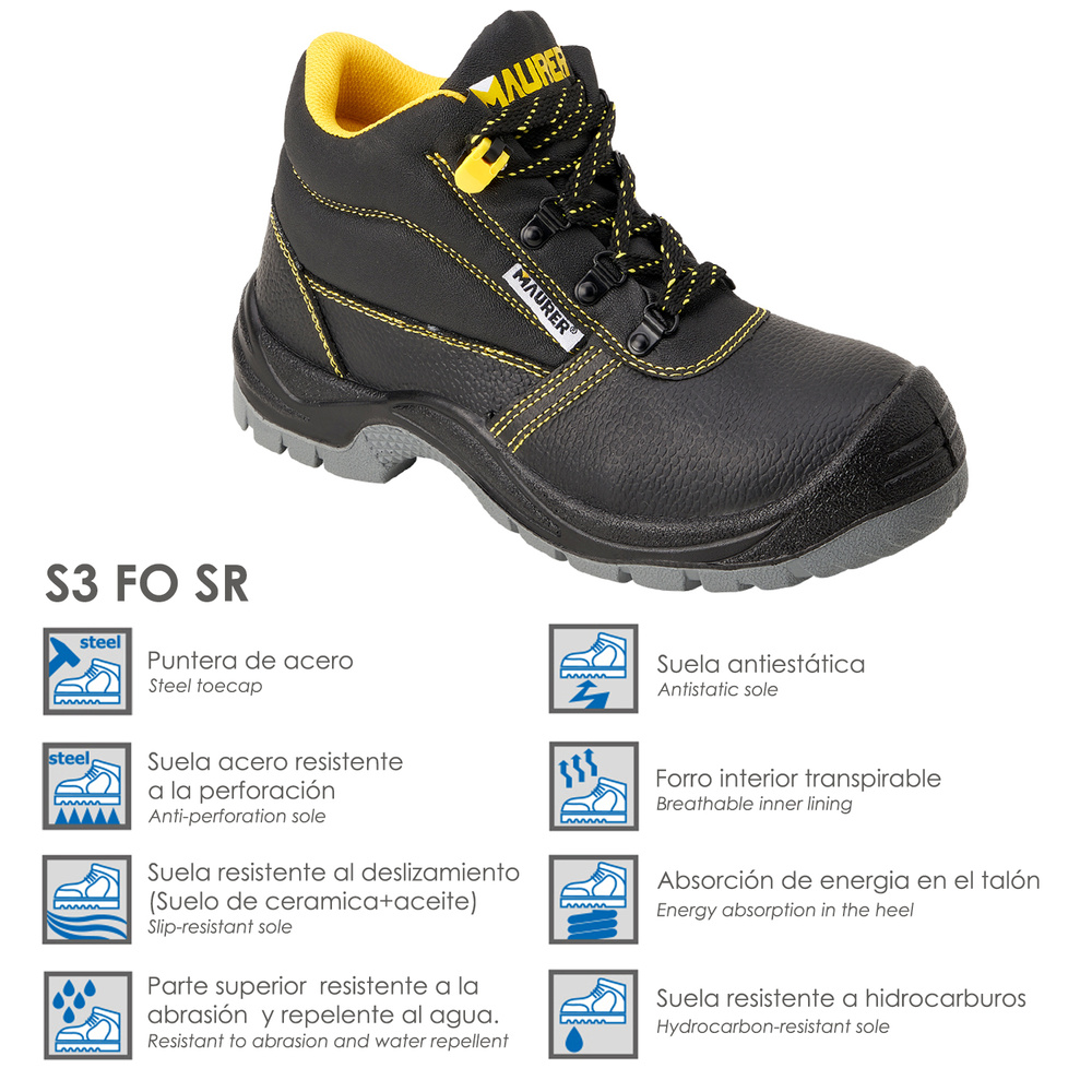 Botas Seguridad Maurer S3 Modelo Capua Antideslizante Con Suela y Puntera Antiperforación y Resistencia A Hidrocarburos Nº 38.