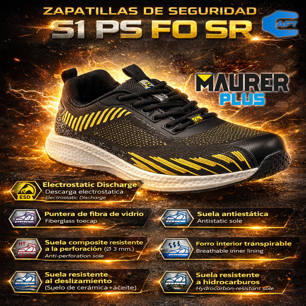Deportiva Seguridad Maurer S1 Modelo Lusitania Antideslizante con suela y puntera antiperf Resistente a los Hidrocarburos Nº 42 