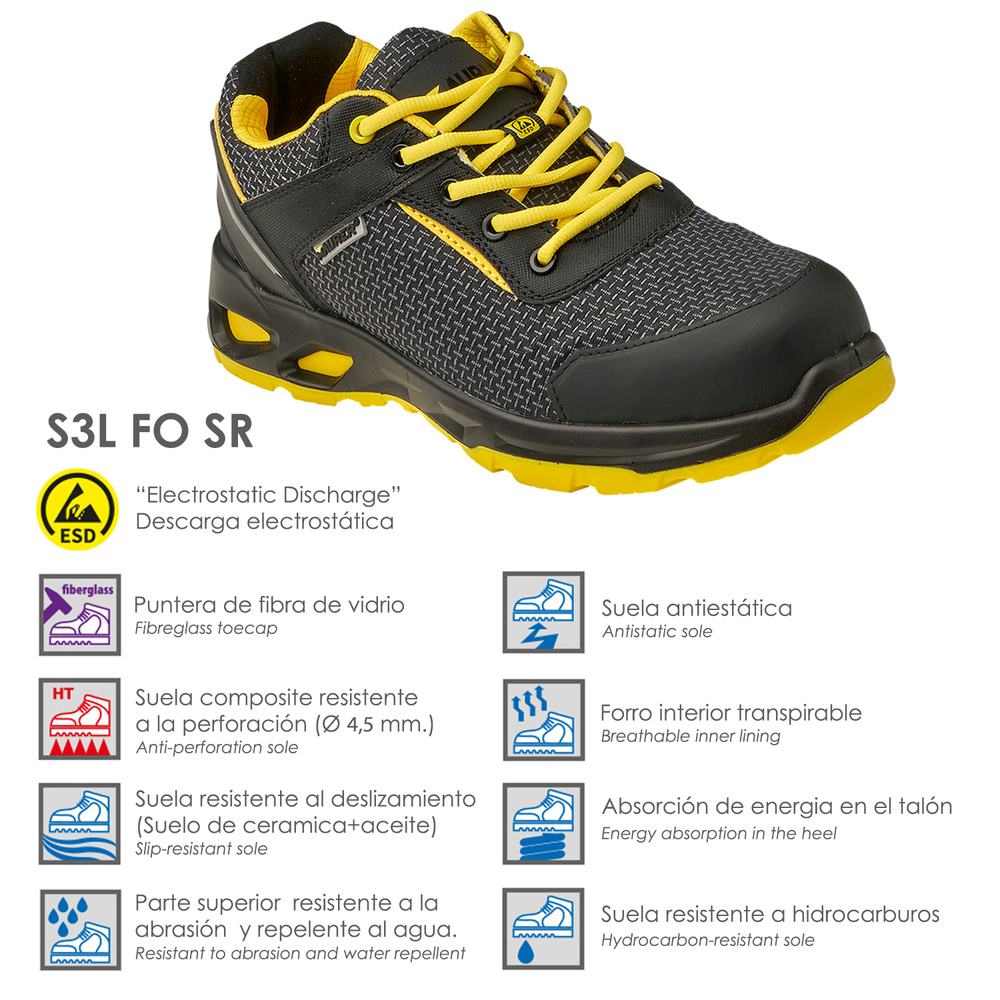Zapatos Bajo Seguridad Maurer S3L Modelo Amerina Antideslizante con Suela Composite y Resistencia a los Hidrocarburos Talla 38 