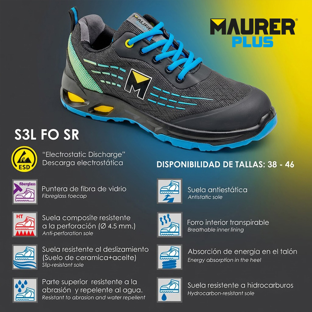 Deportiva Seg. Maurer S3L Modelo Lapis Antideslizante con suela y puntera antiperforación Resistente a los Hidrocarburos Nº 40. 