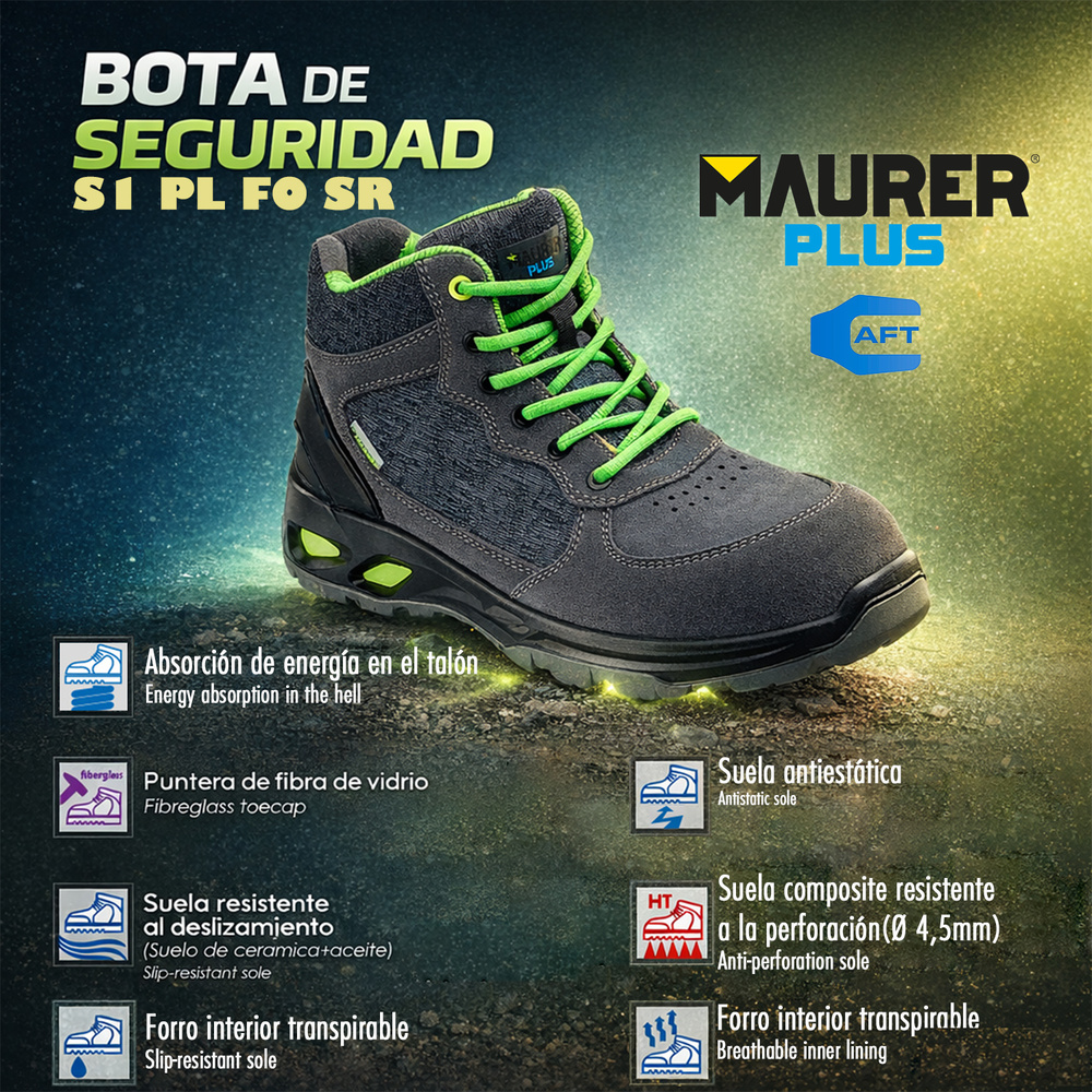 Botas Seguridad Maurer S1 Modelo Arlaz Antideslizante con suela y puntera antiperforación, Resistencia a los Hidrocarburos Nº 38