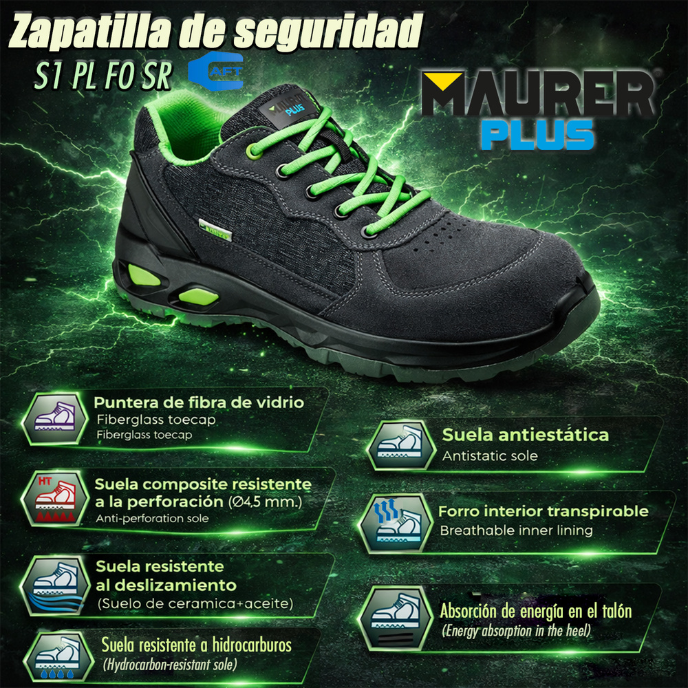 Zapatos Seguridad Maurer S1 Modelo Arlaz Antideslizante con Suela Composite y Resistencia a los Hidrocarburos. Talla 39.